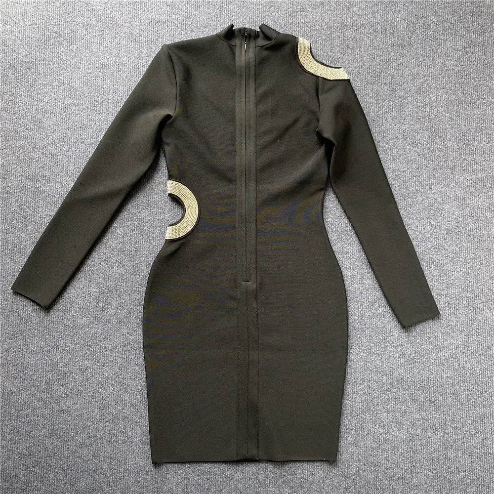 Women Sexy Hollow Out Beading Bandages Dress Long Sleeve Bodycon Clothes Club Party Celebrity Mini Dresses
