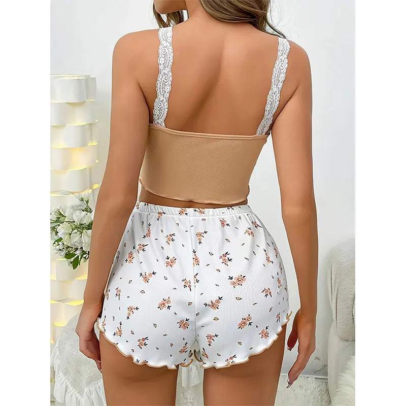 2026 Women Sexy Lace Vest Shorts Pajamas Women's Slim Fit Two-piece Home Outfit Summer Low Rise Casual Print Short Pants Top Set