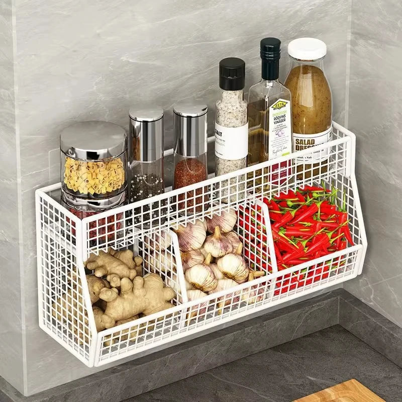 Kitchen Storage Rack with Three Compartments Screwless Wall-Mounted Multi-Functional Kitchen Storage Item for Household Use