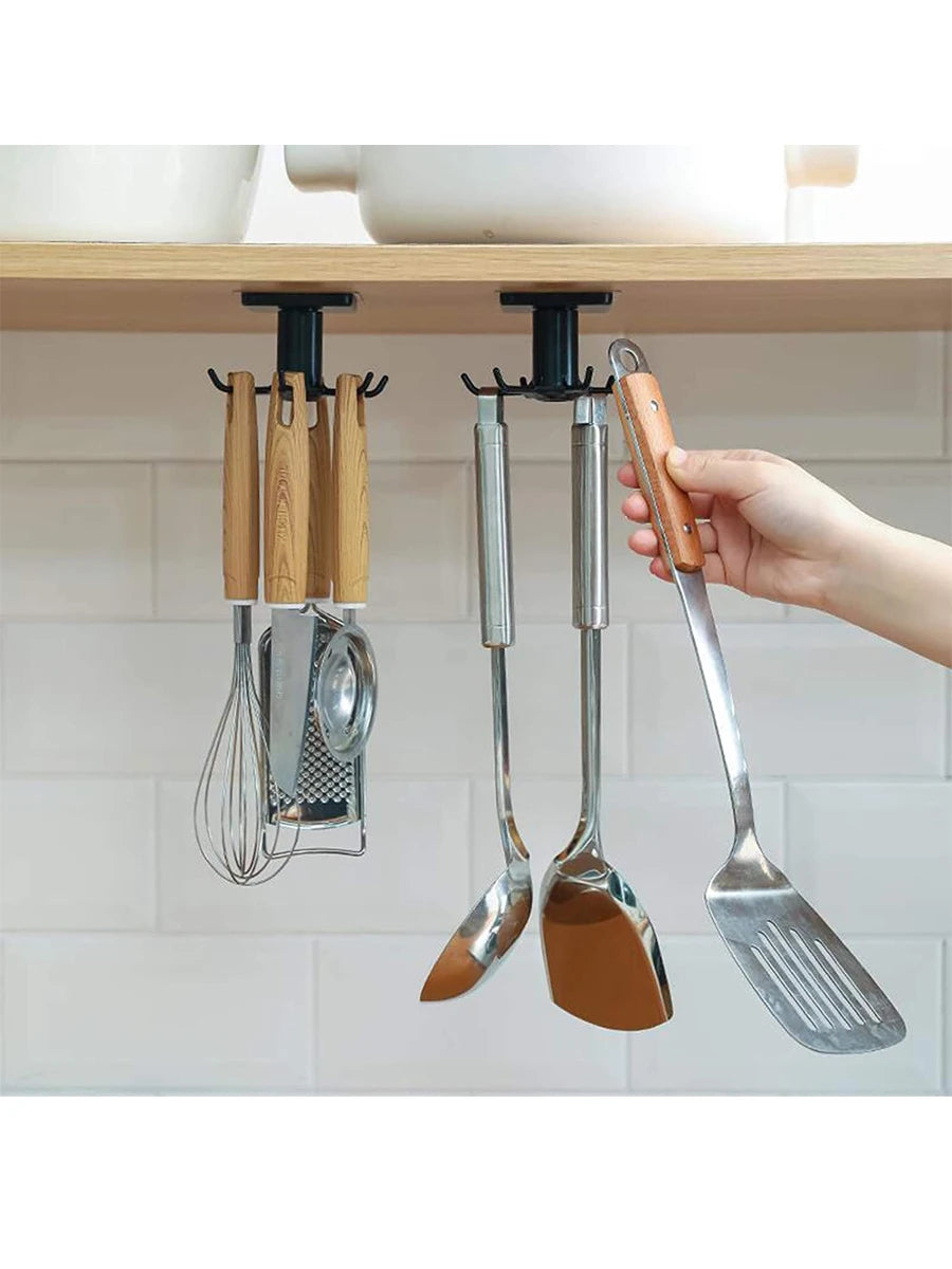 6 Hooks Kitchen Rack Kitchen Organizer Home Accessories 360 Degrees Rotating Cabinet Hanger Utensils For Kitchen Convenience