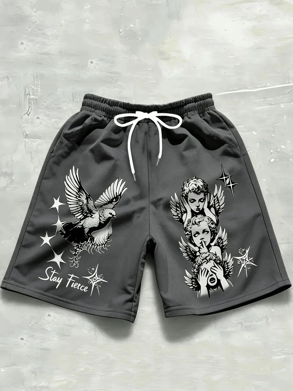 Retro Men's Summer European and American Little Angel Letter Print Comfortable Breathable Drawstring Shorts Outdoor Casual Pants