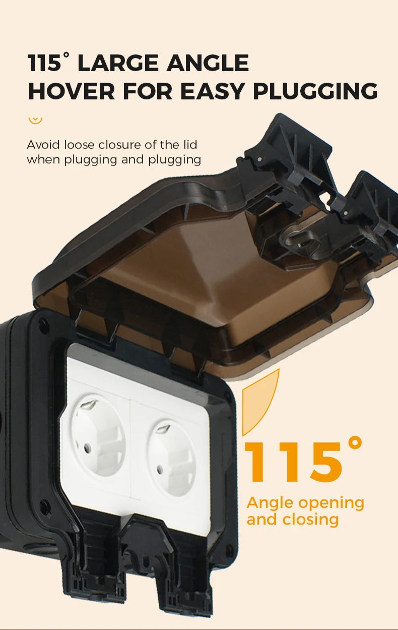 Avoir EU Standard Power Socket IP66 Weatherproof Black Box 16A Outdoor Electrical Outlet With Indicator Wall Dustproof Plug 220V