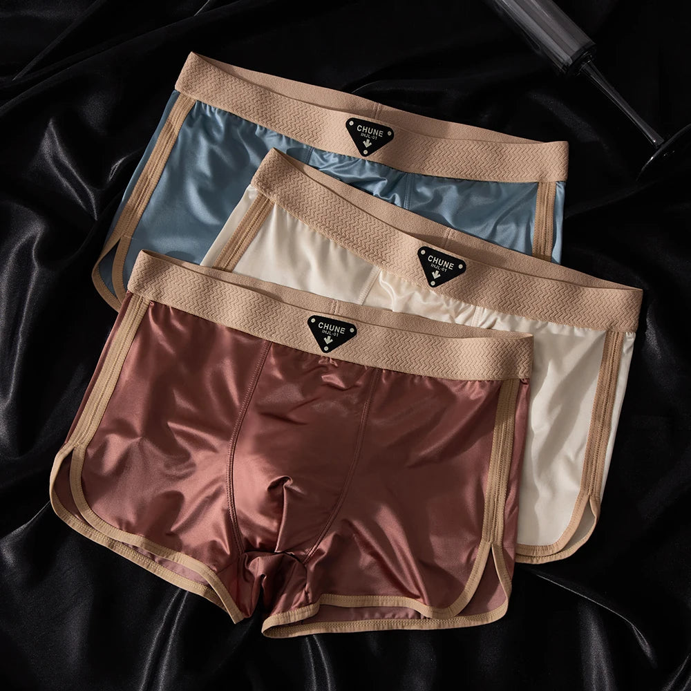 3PCS/Pack Luxury Ice Silk Satin-like Men's Underpants Double-layer Silk Crotch Panties Hygroscopic Breathable Underwear for Man
