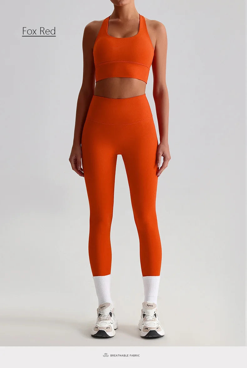 Naked Feel Yoga Set Women Fitness Sportswear 2 Piece Strappy Sports Bra High Waist Gym Leggings Workout Outfit Active Wear