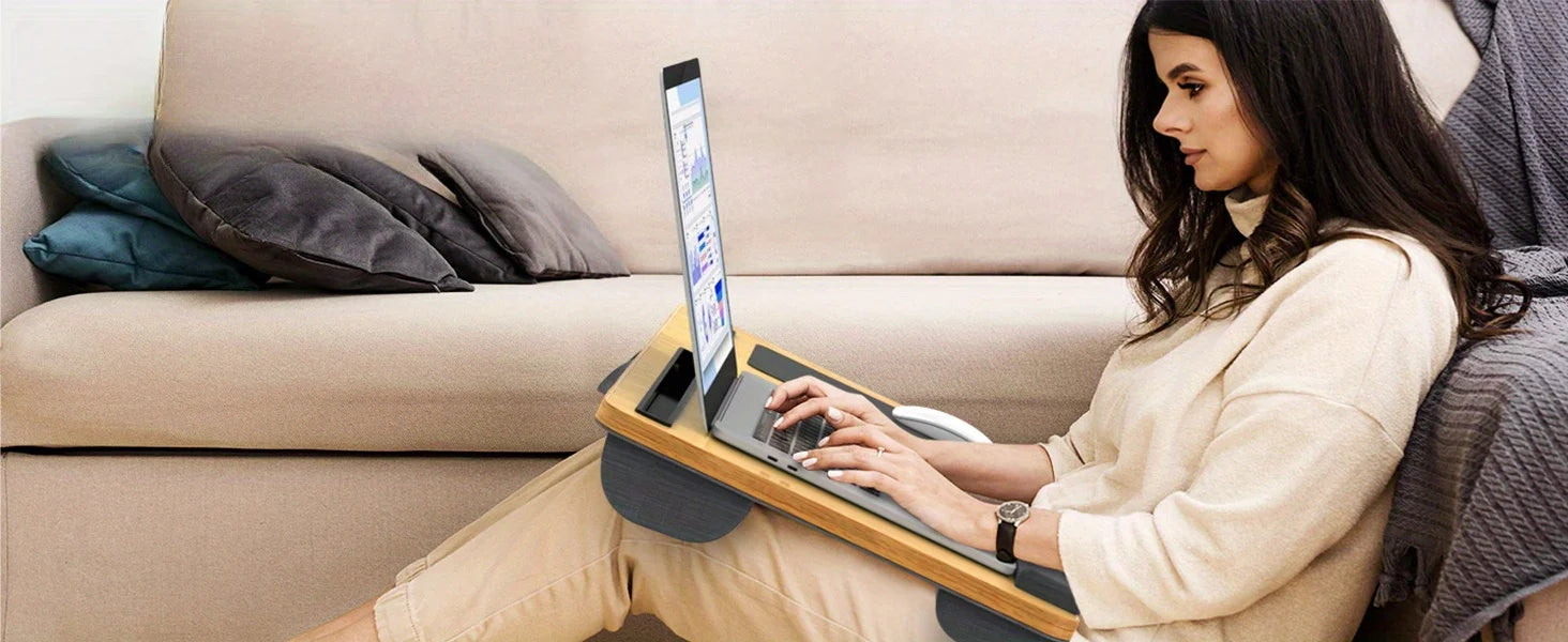 Laptop table with mouse pad, slots for tablet and phone, portable handle, suitable for outdoor and in - car use as a desk