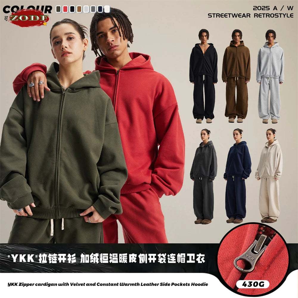 ZODF Trendy Winter Man Warm 430gsm Fleece Zipper Hoodies Unisex Solid Loose Zip-Up Hooded Coats Brand Outfit HY1130