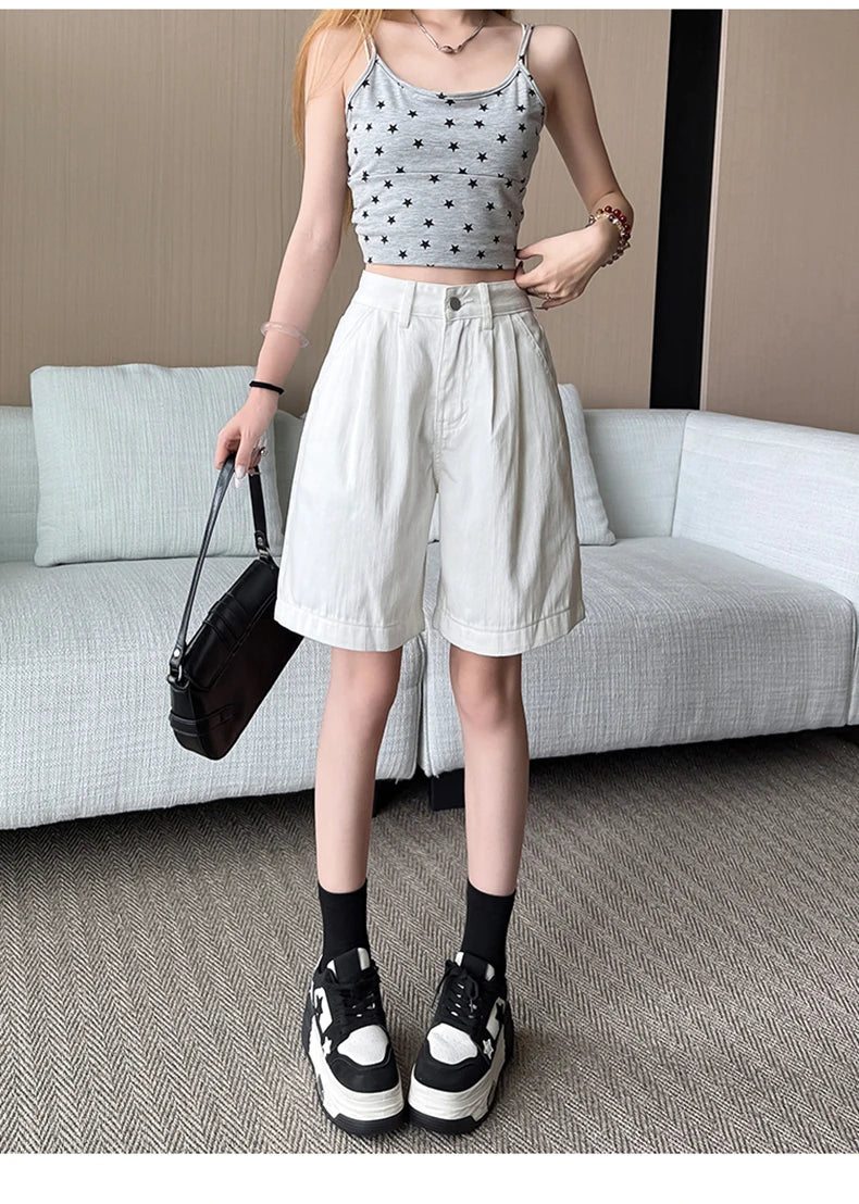 Y2K Retro Loose Casual Middle Short Jeans Summer New Women's Korean Denim Five Points Pants Ladies Fashion All Match Baggy Jeans
