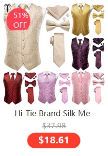 Hi-Tie Silk Mens Waistcoat Tie Set Gold Brown Orange Beige Ivory Khaki Bronze Sleeveless Jacket Suit Vest Necktie Hanky Cufflink