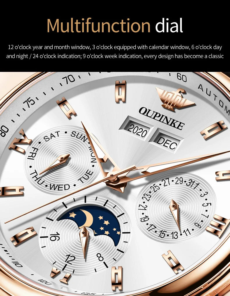 OUPINKE 3189 Automatic Watch for Men Genuine Leather Strap Waterproof Moon Phase Man Watches Luxury Men's Mechanical Wristwatch