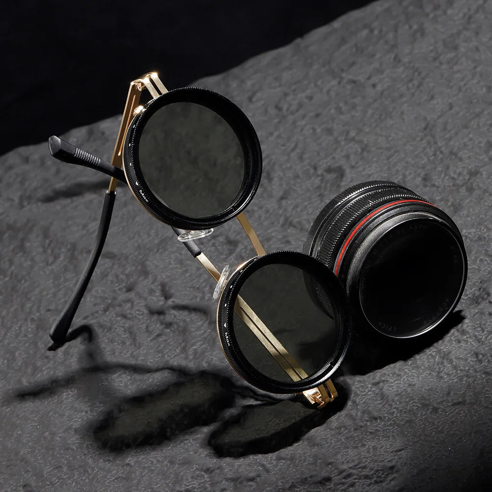 Driving Sunglasses Men Adjustable Sunglasses Round Frame Steampunk Sun glasses Color-changing ND 9 Polarized Lenses Sun Glasses