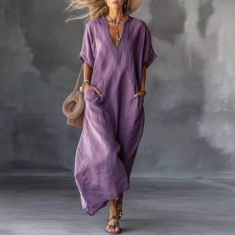 Boho Sexy V Neck Lace Trim Kaftan Dress Woman Spring Vintage Solid Pocket Tunic Party Dress Summer Short Sleeve Loose Maxi Dress