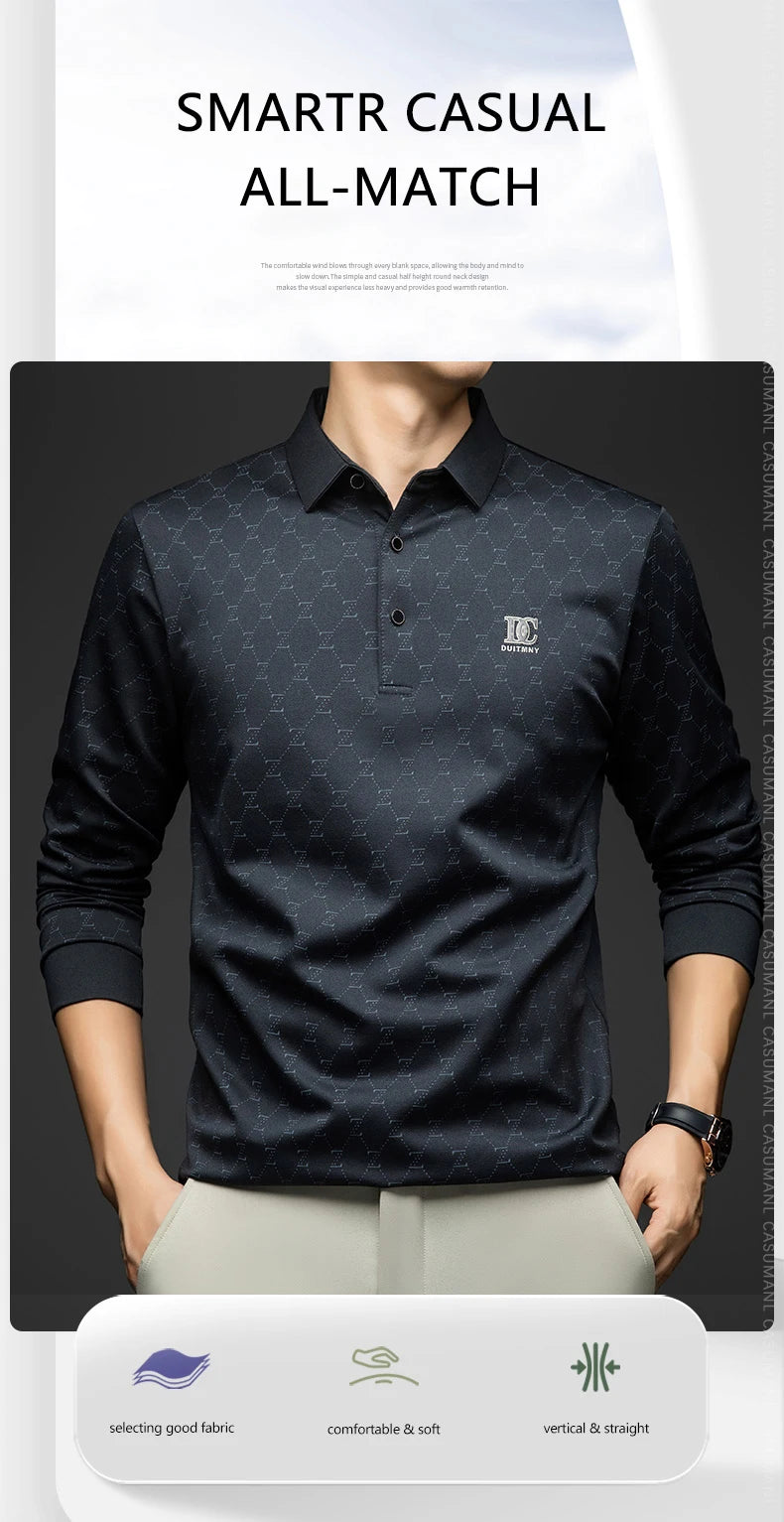 BROWON 2026 Spring Autumn Elegant Polo Shirts for Men Long Sleeve Lapel Color Printed Soft Comfortable Males Tops and Tees