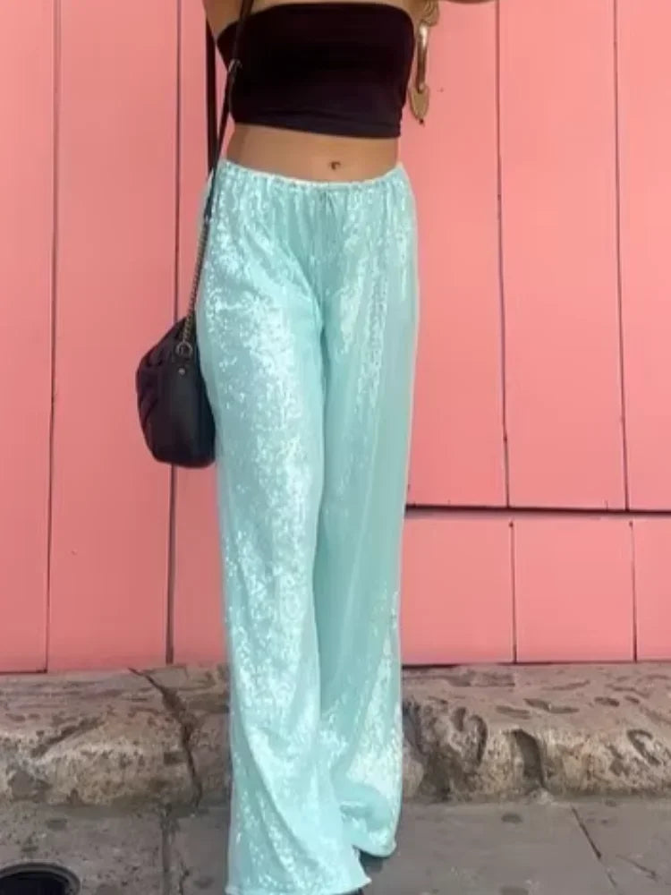 Solid Sequin Elastic Waist Pants Women Loose Fashion Lace Up Wide Leg Trousers Female 2026 Spring Summer Chic Streetwears Outfit