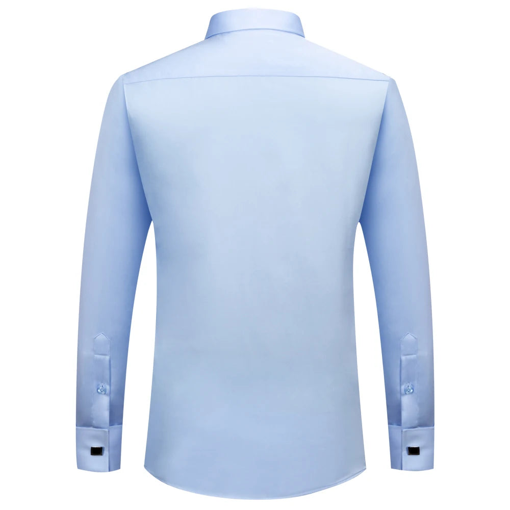 Men's 100% Cotton Iron-Free French Cuff Shirt Front Hidden Buttons Removable Collar Stays Formal Business Long Sleeve Shirts