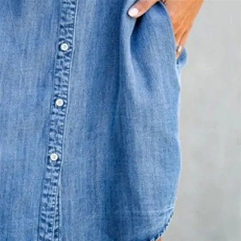Summer Women's Denim Shirt Dress Single Breasted Casual Loose Pocket Retro Simple Denim Short Skirt