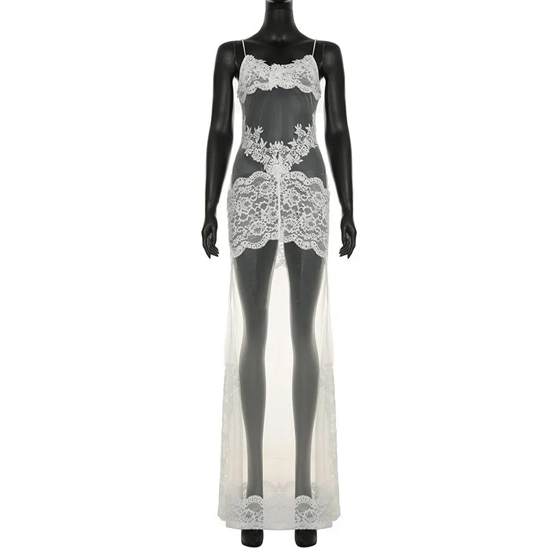 Lace Transparent Mini Dress For Women's Shestyle Embroidery Flower Mesh Transparent Flare Outfits Prom Nightwear Club Long Dress
