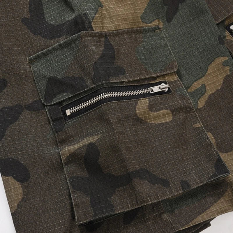 Men's Camouflage Shorts Multi Pocket Zipper Cargo Shorts Streetwear Elastic Drawstring Waist Shorts Male ﻿