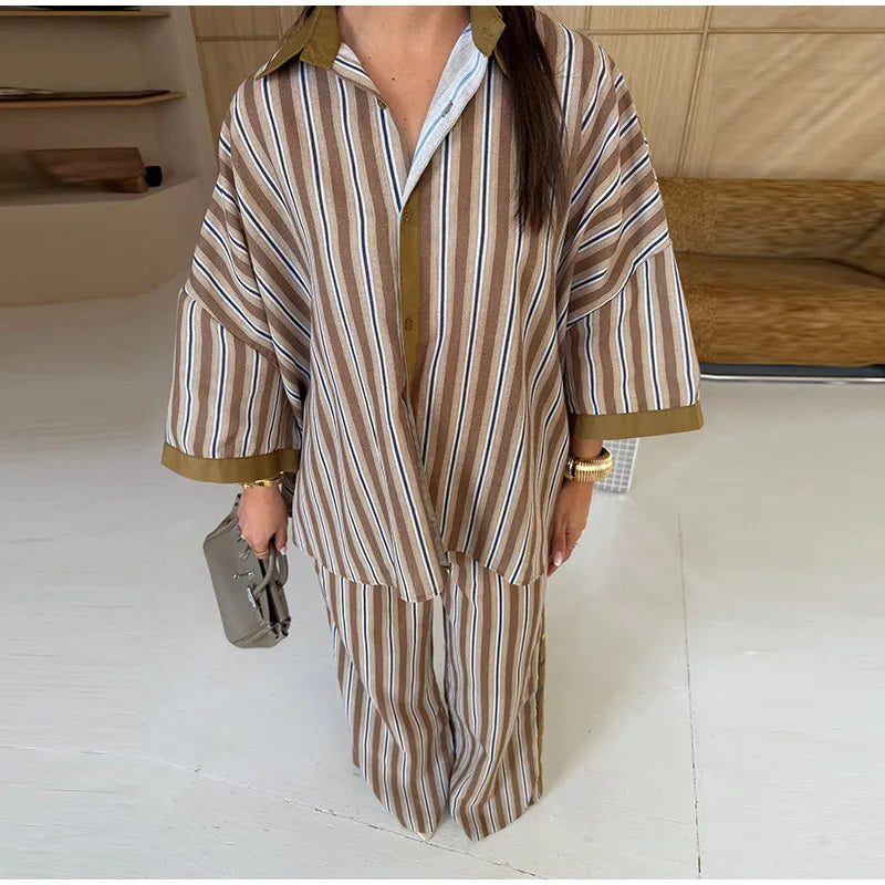 Loose Striped Contrast Wide Leg Pants Set Women Oversized Lapel Single Breasted Shirt Trousers 2026 Summer Lady Casual Outfits
