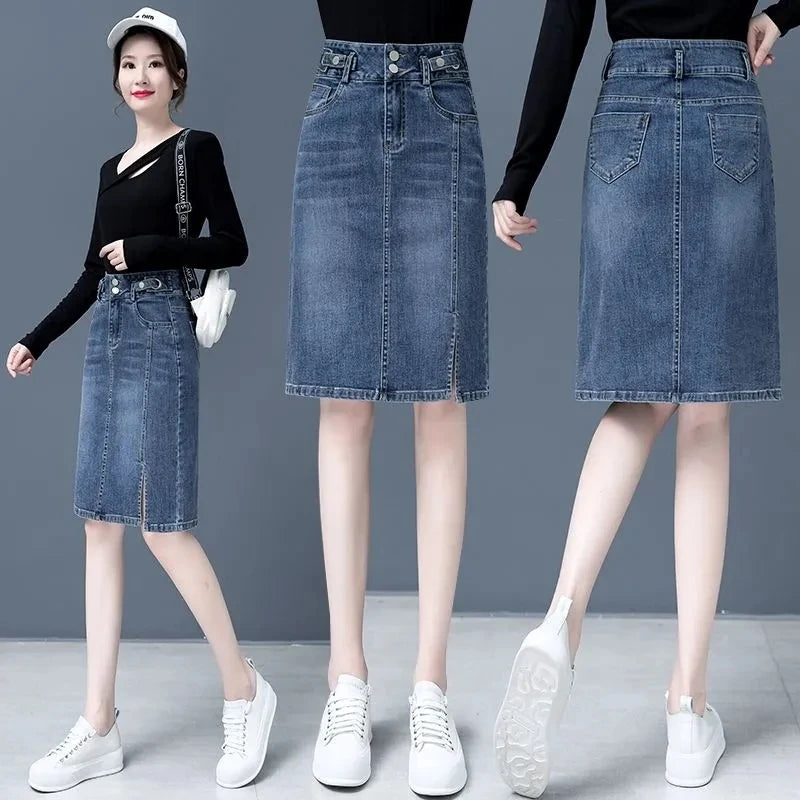 Large Size Denim Skirt For Women Spring Summer High-waisted A-line Jeans Skirt Ladies Korean Loose Tassels Mini Denim Skirts