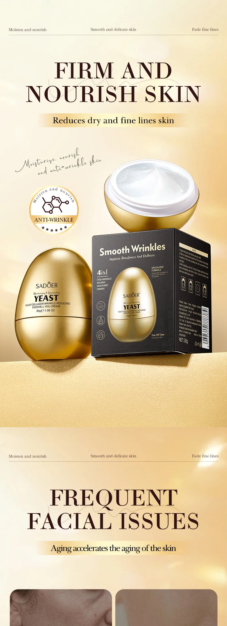 SADOER Yeast Collagen Anti Wrinkles Face Cream Moisturizing Anti-Aging Whitening Facial Cream For Face Skin Care Products