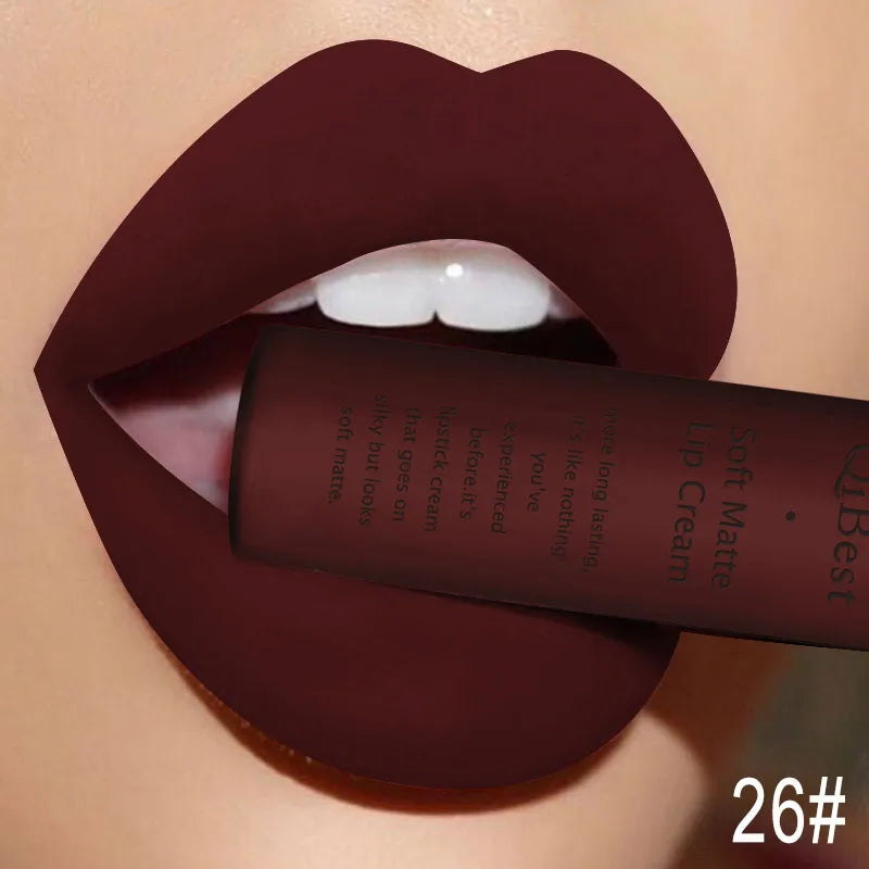 QIBEST Velvet Matte Nude Liquid Lipstick Makeup Sexy Red Lipgloss Waterproof Long-lasting Purple Black Orange Lip Stain Cosmetic