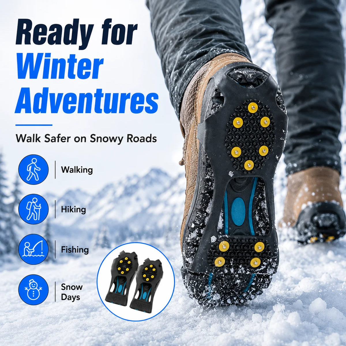 Anti Slip Ice Cleats Shoe Covers 10 Stud Snow Grips Winter Traction Crampons for Boots Hiking Walking Outdoor Safety Gear Unisex