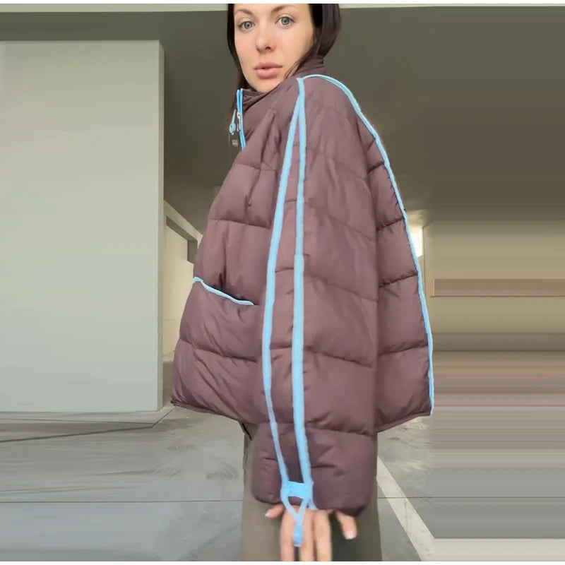 Casual Contrasted Color Women's Cotton Coats Zippers Stand Collar Loose Lady Thicken Jackets 2026 Autumn Winter Female Tops New