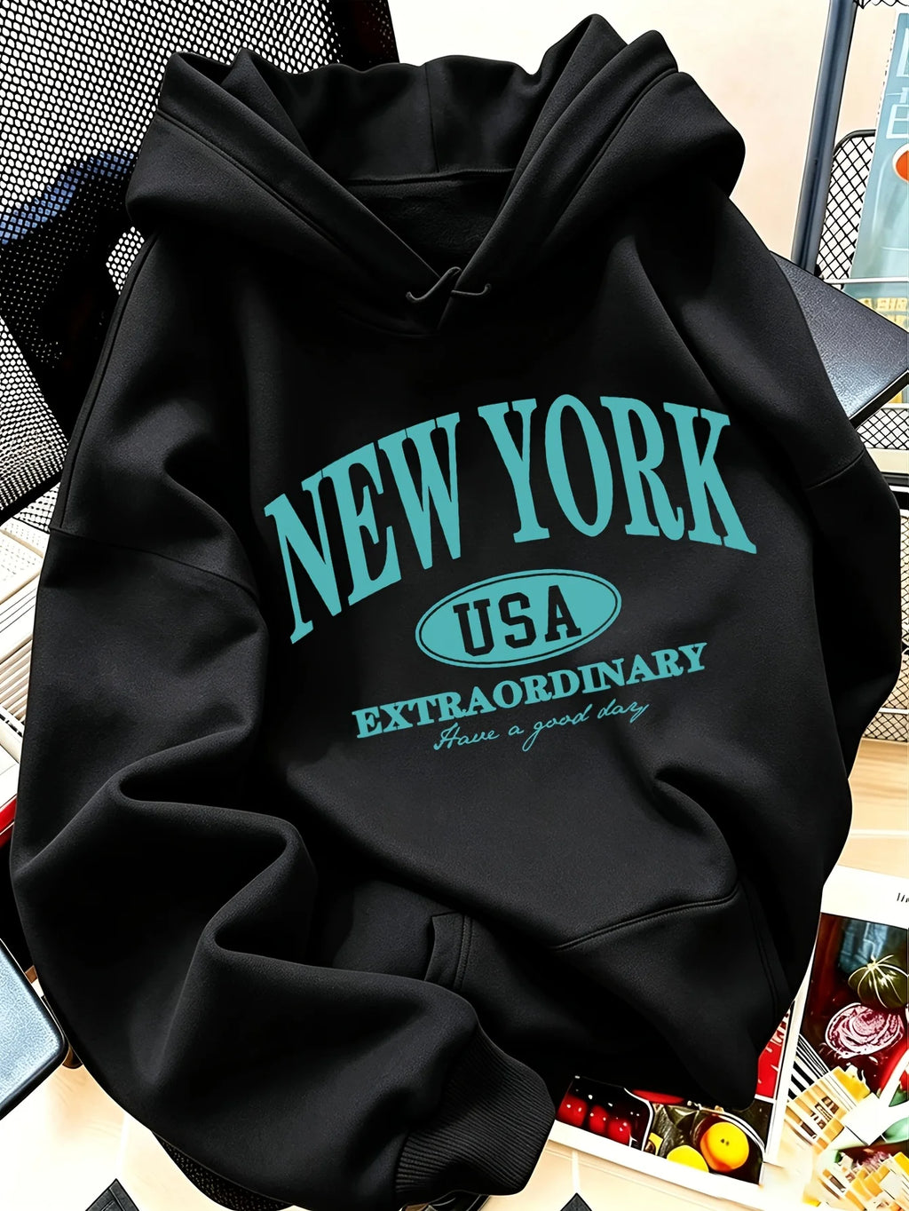 Letter NEW YORK Print Hooded Sweatshirt Women's American Vintage Style Pullovers Graphic Casual Streetwear Clothes Female Outfit