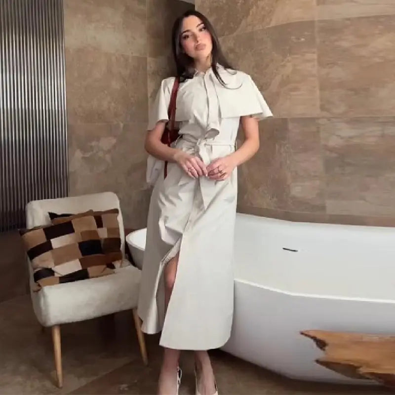 Women Trench Style Shirt Dress Solid Color Cape Sleeve Waist Belt Button Down Midi Skirt Casual Chic Daily Office Outfit New