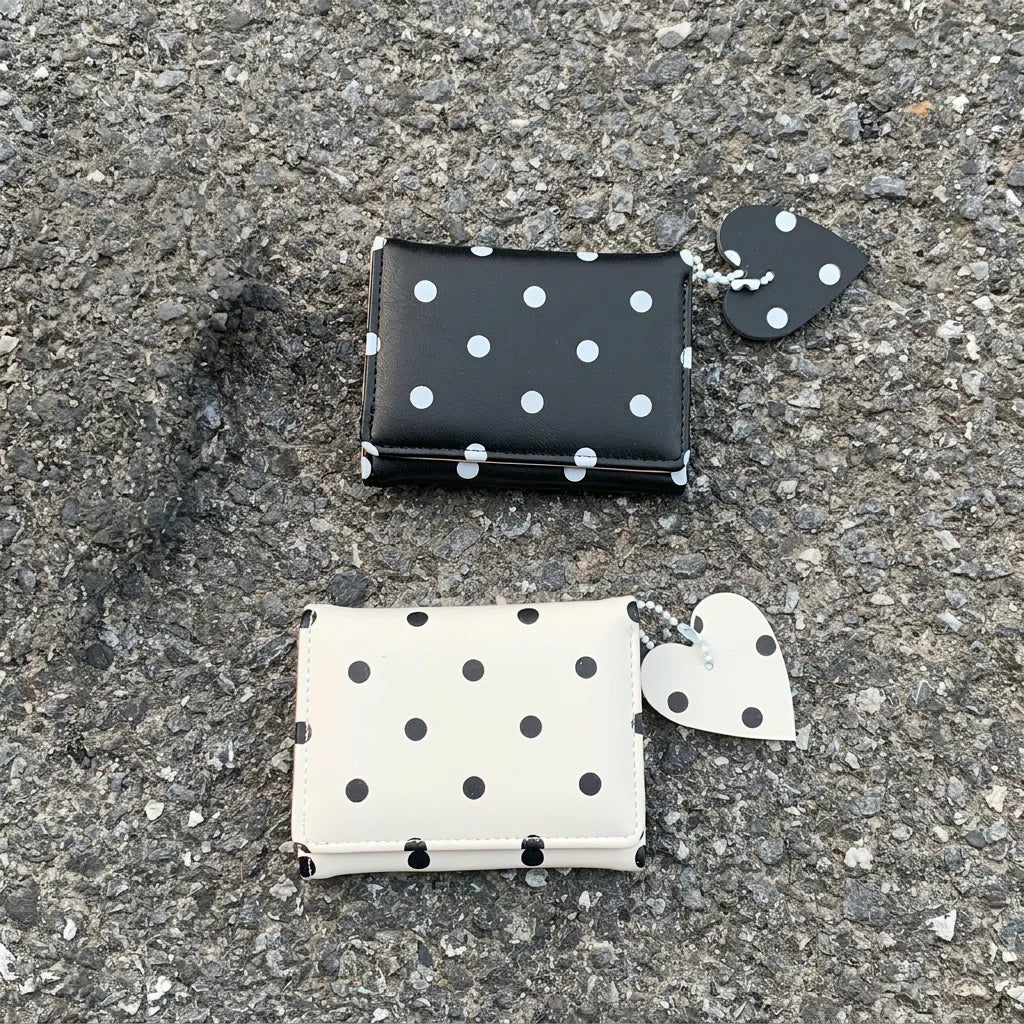 Mini Bifold Women's Wallet, Polka Dot PU Multi-functional Key Hanging Card Holder Purse for Daily Outing Small Gift