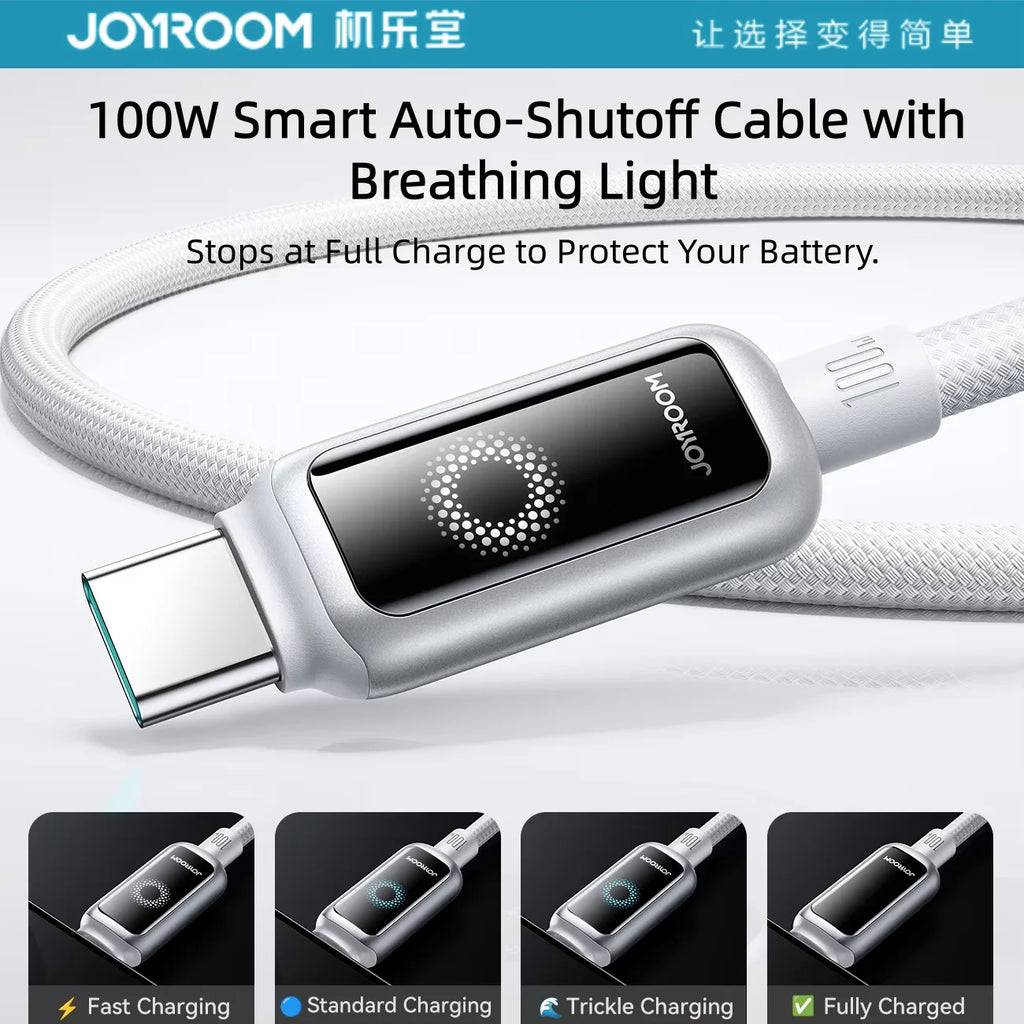 JOYROOM Smart Safe 100W PD Fast Charging Cable - USB-C with Auto-Shutoff, LED Indicator & Smart Chip for iPhone 17/16/15