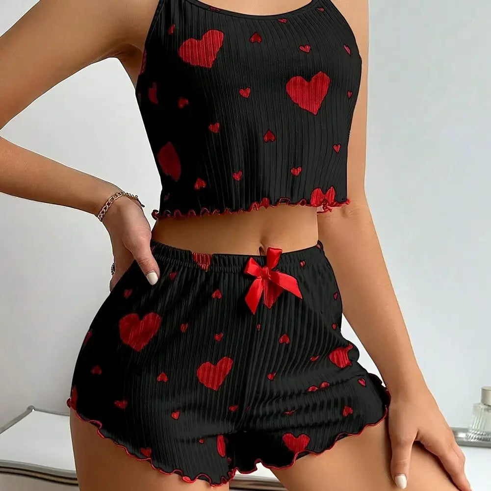 Women's Pajamas Set Sleepwear 2 PCS Short Tank Tops And Shorts S M L White Ventilate Soft Casual Heart Printing ﻿