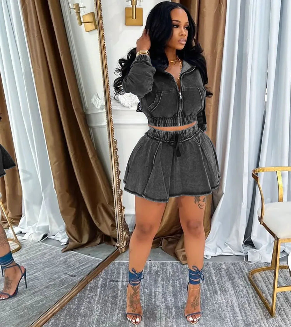 Women's Casual Skirt Set Autumn and Winter New Women's Washed Denim Jacket Short Skirt 2-piece Set