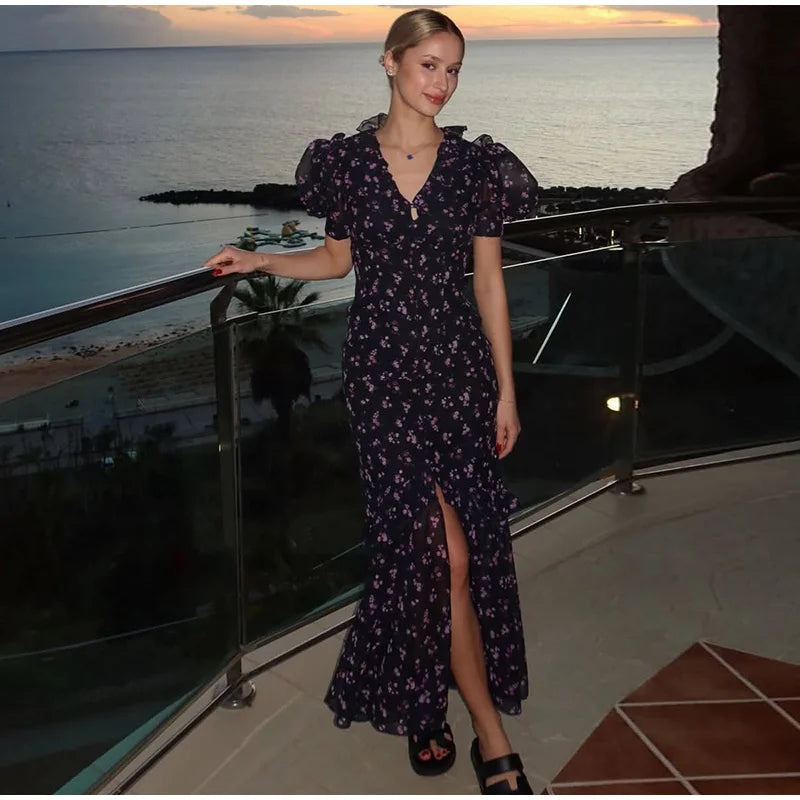 Elegant Printed Lace Trim V-Neck Dress Women Puff Sleeve Ruffled Hem Slit Maxi Dresses 2026 Summer New Lady Fashion Evening Wear