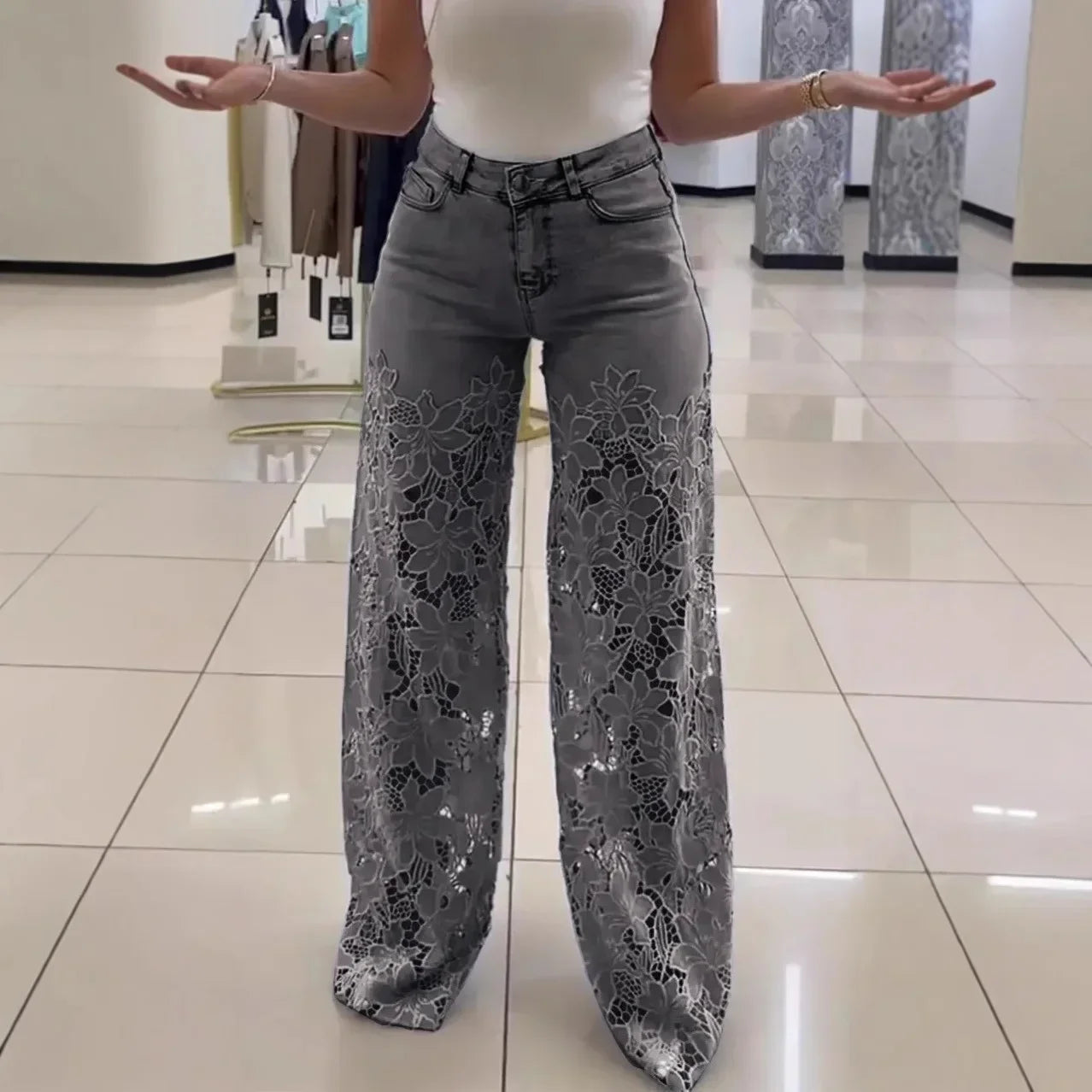 Denim Wide Leg Pants Women Jeans Lace Hollow Out High Waist Washed Distressed 2025 Straight Trousers Floor Length Streetwear