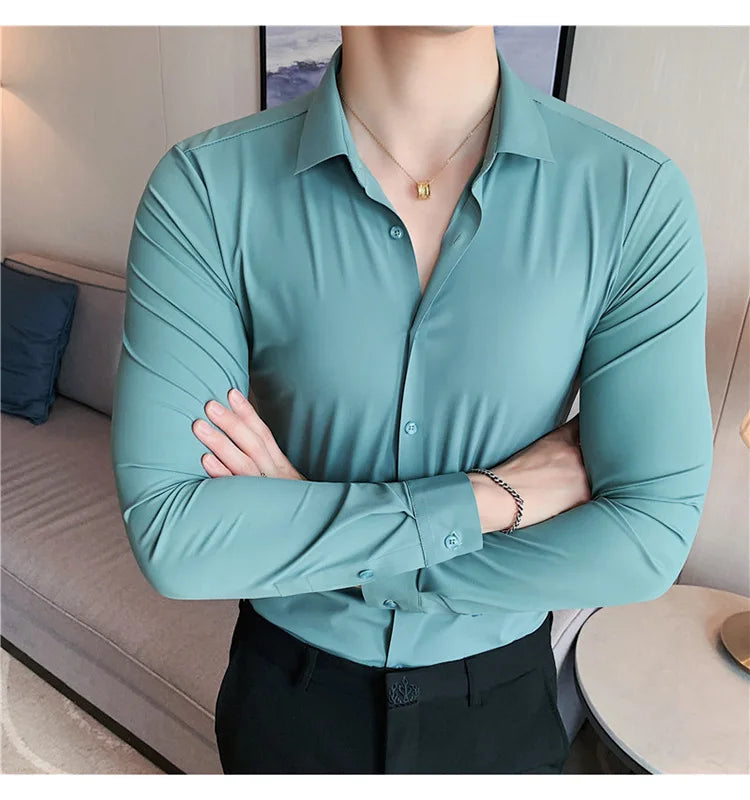 Men's Ultra Stretch Seamless Long Sleeve Shirt Top Quality Business Casual Breathable Stretchable Solid Color Formal Dress Shirt