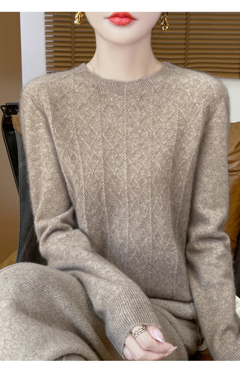 Fall/Winter 2024 New Women's Sweater 100% Pure Wool Lotus Collar Solid Color Loose Knitted Cashmere Pullover