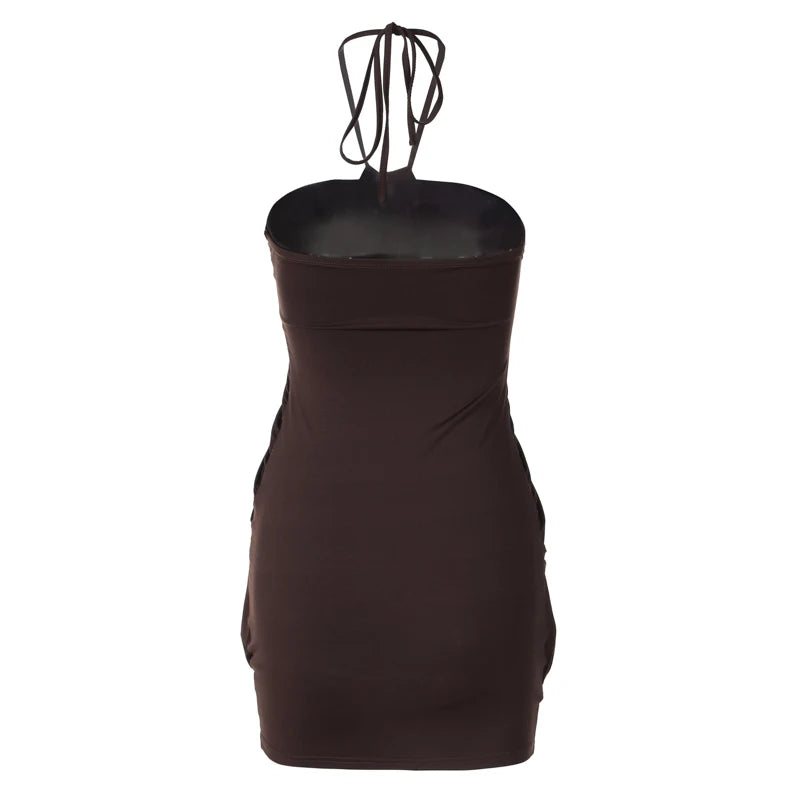 Hugcitar Halter Sleeveless Backless Ruched Sexy Bodycon Mini Prom Dress 2025 Spring Women Y2K Clothes Birthday Party Festival