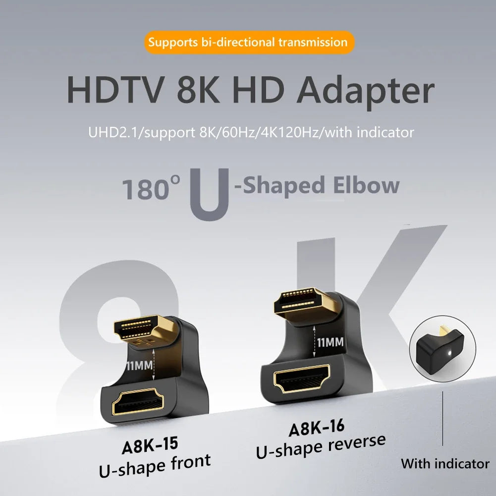 8K UHD U Shape HDMI-compatible2.1 Adapters 180 Degree Up/Down Angle Male to Female Extender Connector for Laptop PC HDTV