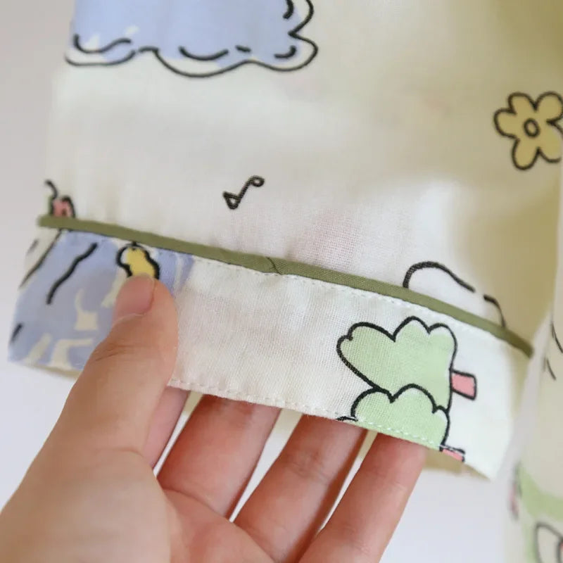 2026 Spring/Summer New Women's Pajama Set 100% Pure Cotton Double Layer Gauze Long Sleeve Two Piece Cartoon Cute Sweet Home Fury