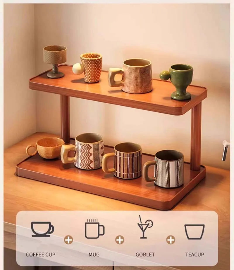 Versatile 2-Tier Wooden Storage Rack for Kitchen&Tea Room-Countertop Organizer with Decorative Desktop Multi-layer Storage Rack