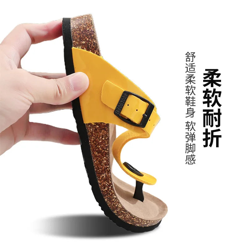 New Cork Sandals for Women Open Toe Beach Slippers with Adjustable Buckle Women Flats Leather Cork Footbed Flip Flops