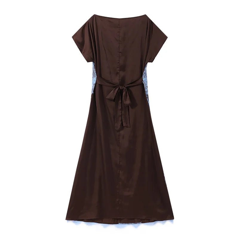Elegant Lace Patchwork Long Women's Dress Urban Skew-collar Short Sleeve Empire Female Dresses 2026 Summer Vacation Lady Robe