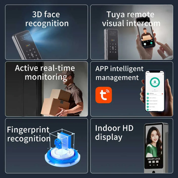 Tuya APP WIFI Remote Control Voice Intercom Smart Lock 3D Face Recognition Fingerprint Password Smart Door Lock With Camera