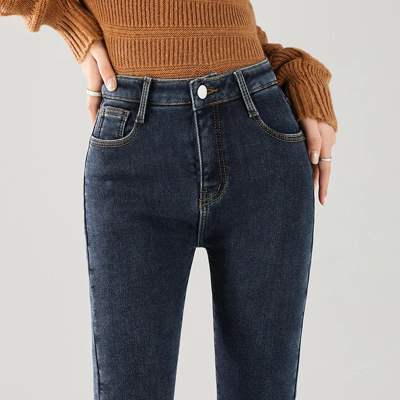 Women Thermal Jeans Winter Snow Warm Thickened Fleece Stretch Skinny Pencil Pants Fashion Korean Slim Fit Velvet Plush Pants