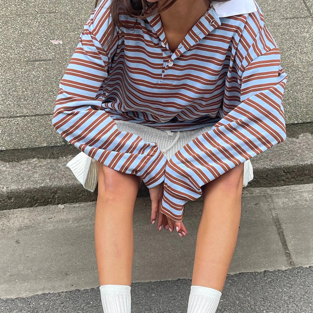 New Fashion Women T-Shirt Long Sleeve Turn Down Collar Stripes Fall Tops Streetwear For Casual Daily Hot Sale S M L