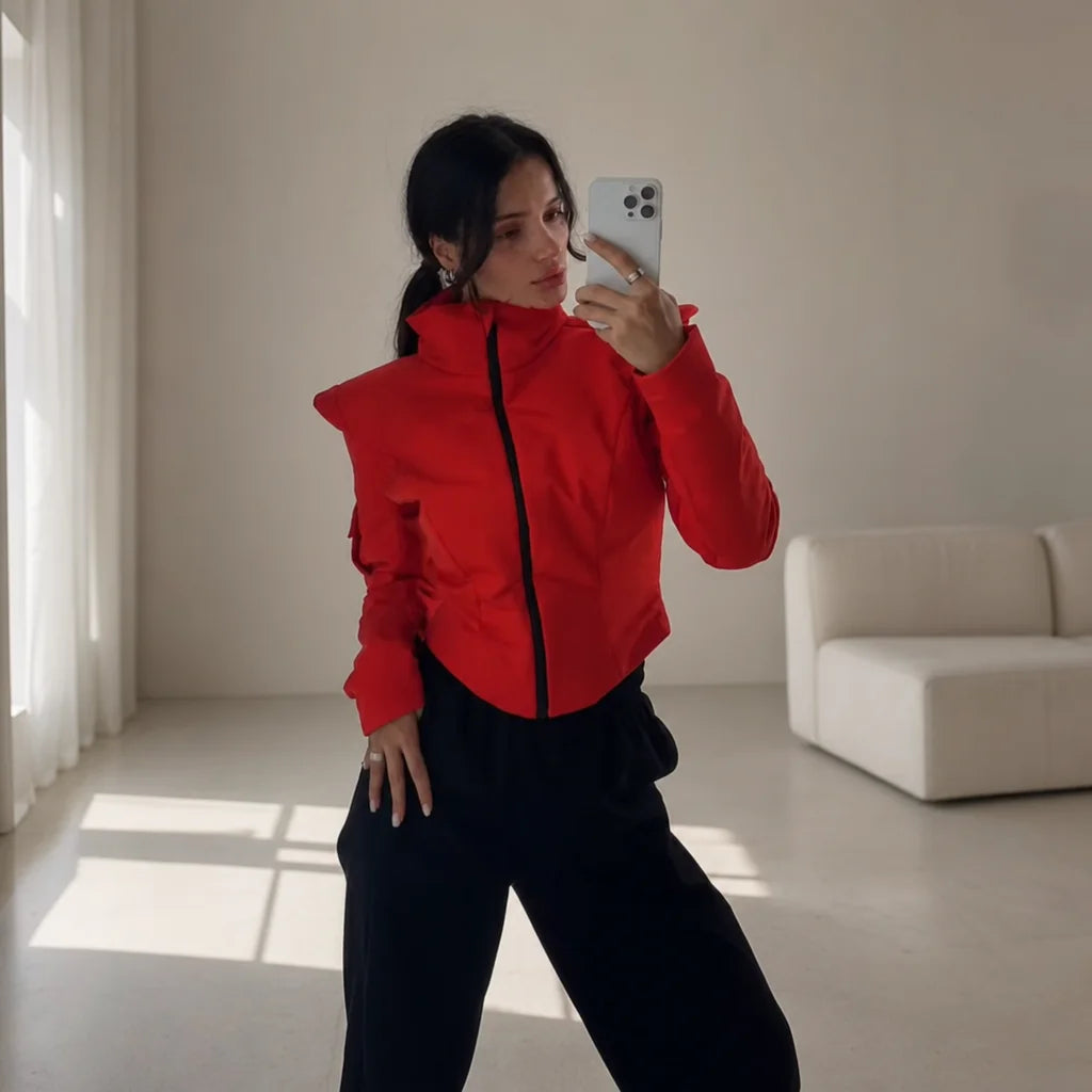 Women Sporty Cropped Padded Jacket Stand Collar Zip‑Up Shoulder Pad Long Sleeve Slim Fit Warm Coat Casual Chic Ladies Outerwear