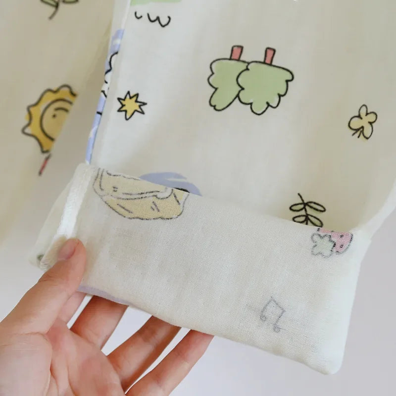 2026 Spring/Summer New Women's Pajama Set 100% Pure Cotton Double Layer Gauze Long Sleeve Two Piece Cartoon Cute Sweet Home Fury