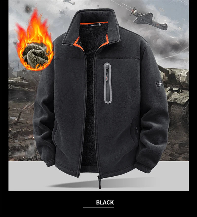 Solid Men's Fleece-Lined Bomber Jacket New Arrival Winter Windproof Stand-Collar Zip-Up Thicken Warm Plush Coat Fashion Clothing