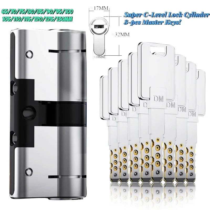65-130MM High Quality European Standard Lock Cylinder,Super C-Level Anti-Theft Door Lock Cylinder,Household Copper Lock 8 Keys